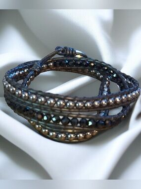 Black gunmetal and crystal bead leather wrap bracelet